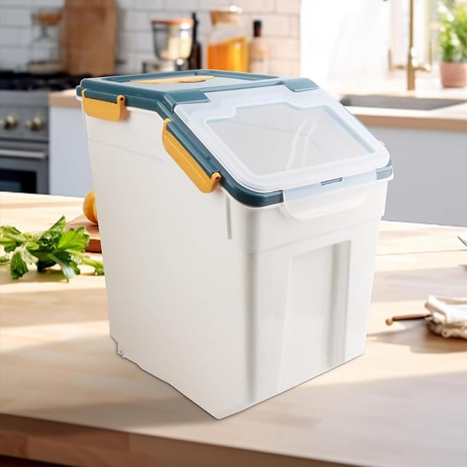 50LB Large Flour Storage Container Bin,2 Pack Airtight Plastic with Wheels Seal Locking Lid Dispenser Organizer Bin with Measuring Cup & Scoop for Flour, Rice, Grain 100LBS Total Capacity(Blue)