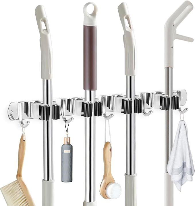 IMILLET Broom Holder Wall Mount Stainless Steel Mop Organizer | 4 Racks 5 Hooks Heavy Duty Garage Organization Storage,Broom and Mop Organizer Wall Hanging Self Adhesive for Laundry Room