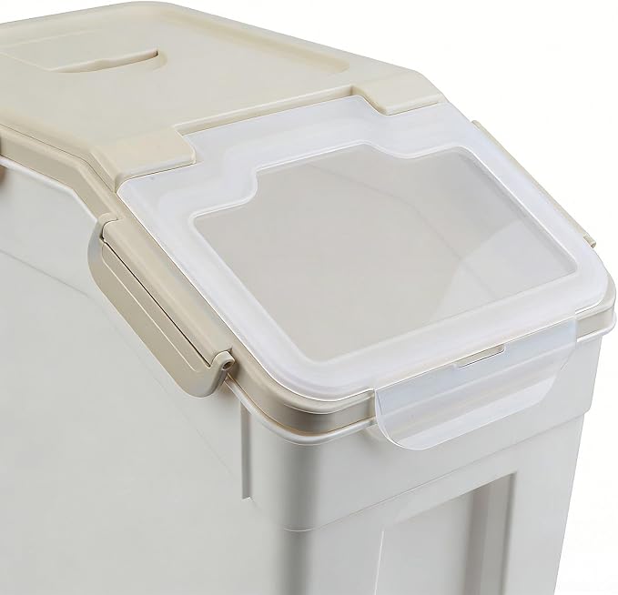 Saim 4 Pack 25lb Flour & Rice Storage Container Bin,Rice Dispenser (Grey) | BPA free plastic with seal lid, rolling wheels and measuring scoop for rice, flour, cereal and grain one-hand scooping