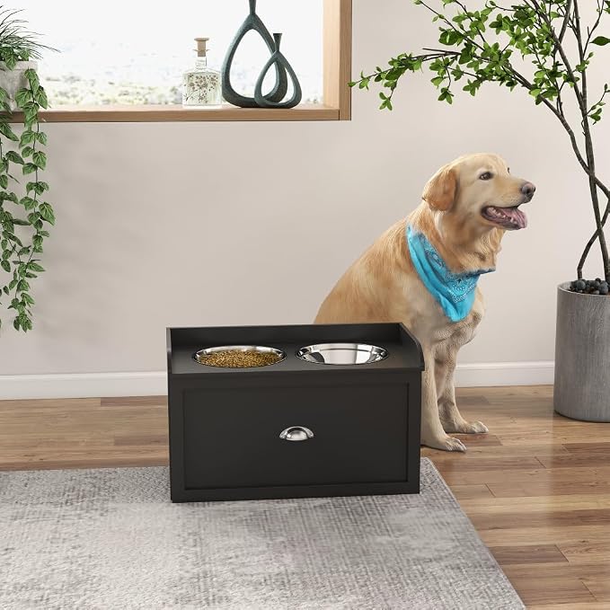 Elevated Dog Feeding Station with Storage Drawer and Stainless Steel Bowls for Large Dogs, Black Pet Food Organizer