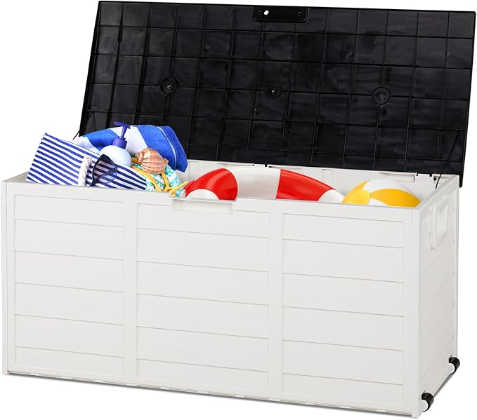 75 Gallon Outdoor Storage Box with Wheels, Waterproof Resin Deck Box for Patio Cushions & Garden Tools, Rolling Garden Storage Bin, Weather Resistant Trunk