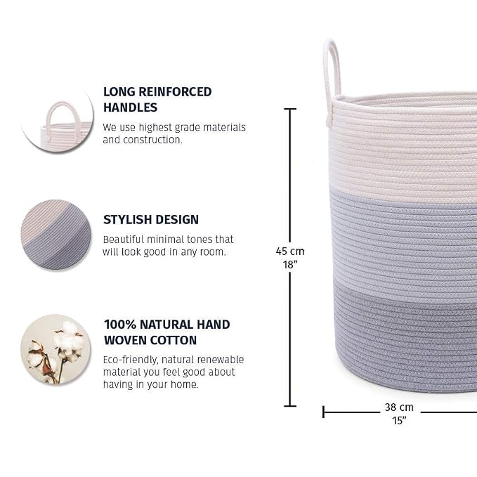 OrganiHaus Tall Cotton Rope Laundry Basket & Hamper, Blanket Storage 52L | 3-Toned Gray - Tall Cotton Rope Hamper, 52L