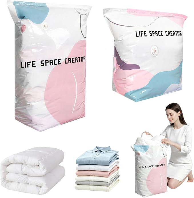 2PCS No Pump Vacuum Storage Bags, No Pump Large Vacuum Storage Compression Bags, Thick Airtight Reusable Organizer for Clothes Comforters Travel Moving Closet Storage (M+L)