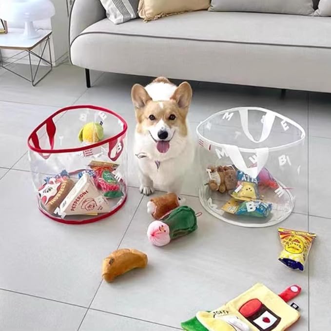 MANON ROSA Dog Toy Storage Basket Bin Round PVC Pet Storage Basket with Handles for Organizing Toys Blankets Leashes for Puppies Cat Kitten Rabbit (Small,Red)