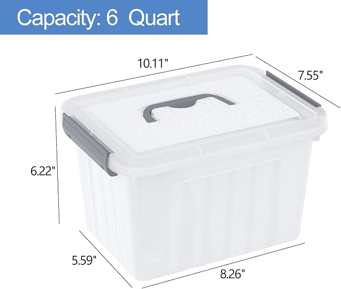 6 Quart Small Latching Bin with Lid, Plastic Storage Box, 6-Pack | Clear Plastic Tote Containers with Handle