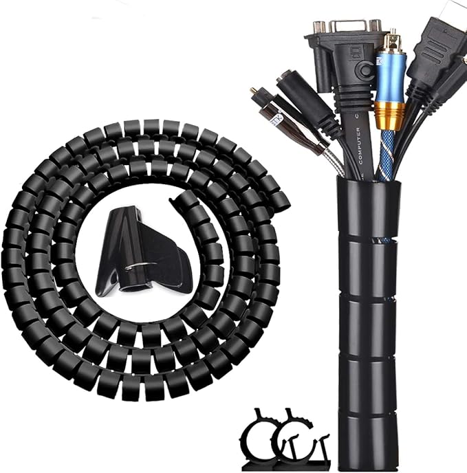 Black Computer Cable Management Sleeve Tube Under Desk Cord Organizer, 7/8 inch -5 ft Cover Wrap Easy to Install Messy Wire Solution for TV Office PC, Pet Chew and Bite Proof Cable Protector