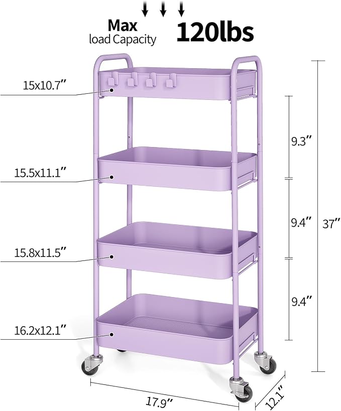 TOOLF 4 Tier Metal Rolling Cart, Utility Storage Cart with Wheels, Purple | Screwless Assembly, Lockable Metal Wheels, Trolley Organizer for Bathroom, Kitchen, Office, Dorm, Laundry, Craft Room