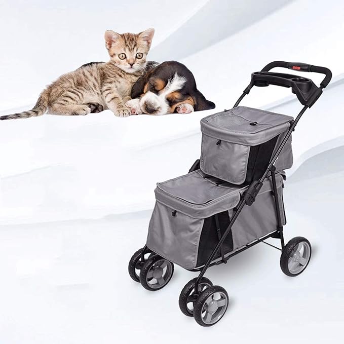 High-Grade Double-Layer Pet Dog and Dog Cart One-Button Folding Removable and Easy to Assemble Roller Blind Design with Cup Card Slot