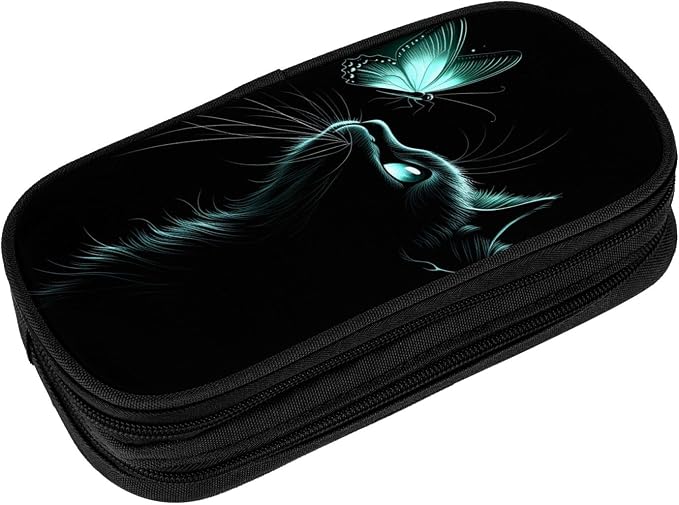 Blue Eyed Black Cat Butterfly Pencil Pouch, Oxford Cloth Pen Case With Double Zipper Compartments, Portable Stationery Organizer For Office Supplies, Travel Accessories Makeup Items