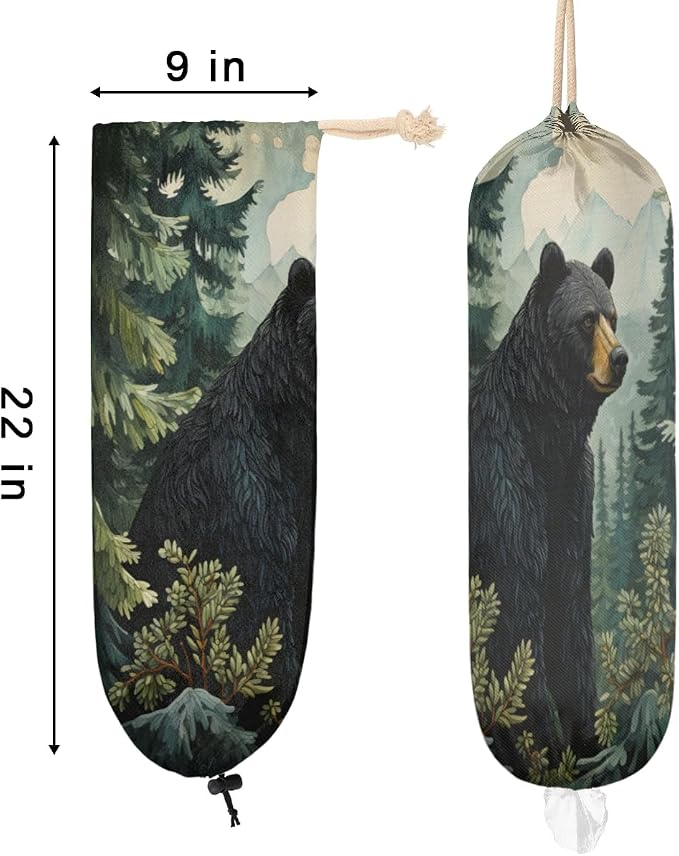 Forest Bear Plastic Bag Holder Green Tree Grocery Bag Storage Dispenser Washable Hanging Shopping Bags Carrier Reusable Wall Mount Trash Bag Organizer for Kitchen Pantry