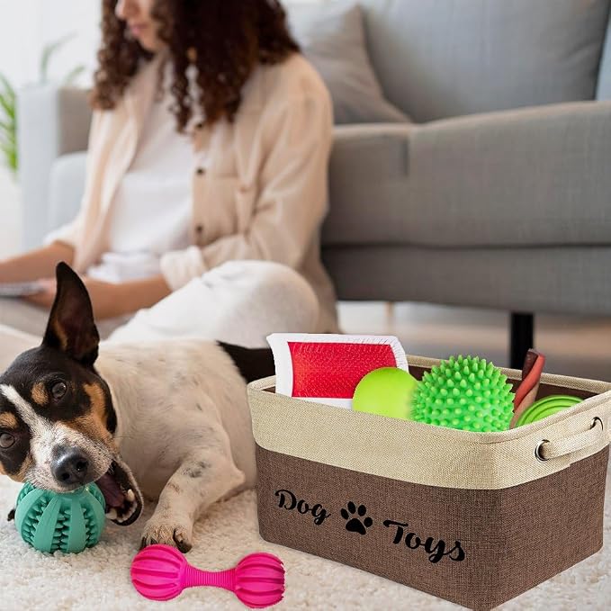 Custom Dog Toys Storage Basket Sturdy Foldable Collapsible Storage Bin Box with Handles for Organizing Pet Food, Toys, Clothes, 15" x 9.8" x 9"