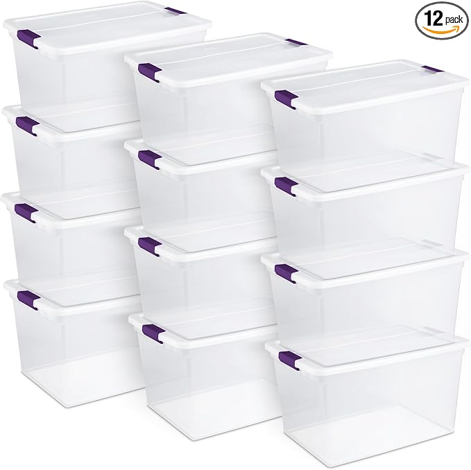 Sterilite 66 Qt ClearView Latch Storage Box, Stackable Bin with Latching Lid, Organize Clothes, Blankets, Items in Closet, Clear Base and Lid, 12-Pack | Clear Plastic Organizers with Color Accent Latches for Closet, Bedroom, Shelving Units, Dorm Room a...