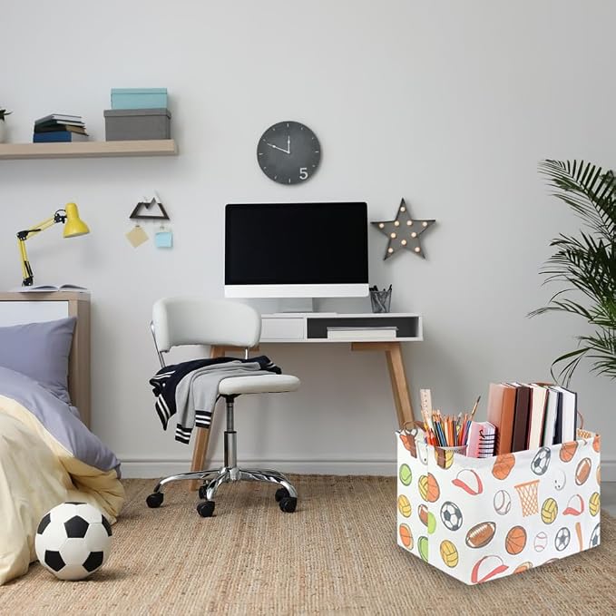 Rectangular Ball basket,Kids Storage Bins, Foldable and waterproof canvas kids basket organizer, Boys toy box,boys Room Decor,shelf basket(Ball game)