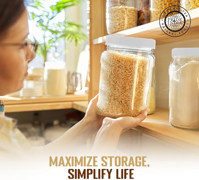 Pride Of India Clear Food Grade PET Plastic Square Grip Storage Jar w/Cap - 64 Fluid Ounces - 6-Jar Pack (7-8 Cup Storage Capacity)