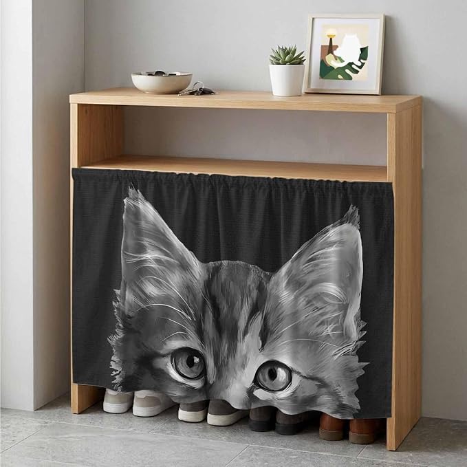 Black Cat Cabinet Curtain 35"Wx35"L, Dustproof Under Sink Skirt with Self Adhesive Tape, Cute Pets Eyes Fur Vintage Oil Painting Cabinet Curtain Cover for Kitchen Sink, Bathroom Vanity, Laundry Room