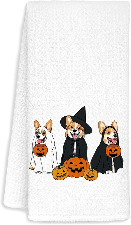 Jvpke Halloween Ghost Corgi Pumpkin Kitchen Towels, Corgi Dish Towels Tea Towels for Kitchen, Halloween Bathroom Hand Towels, 16x24 Inches