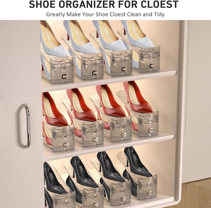 NVGSN 20Pack Clear Shoe Slot Organizer,Shoe Stacker,Storage Space Saver 50% | 3 Levels Adjustable Height 3.7''-7.7''shoe Organizer for Closet,Easy to Assemble shoe Rack Divider,Organizador de Zapatos