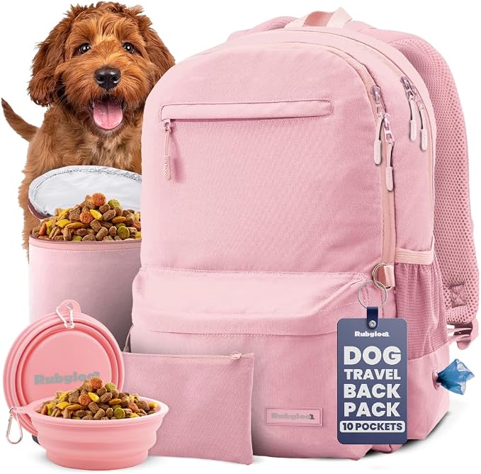 Dog Travel Backpack for Supplies - Dog Diaper Bag with Travel Bowls | 2 BPA-Free Bowls; Food Container & Treat Pouch; Placemat; Laptop Sleeve; Poop Bag Dispenser, Hiking, Camping & Road Trips,