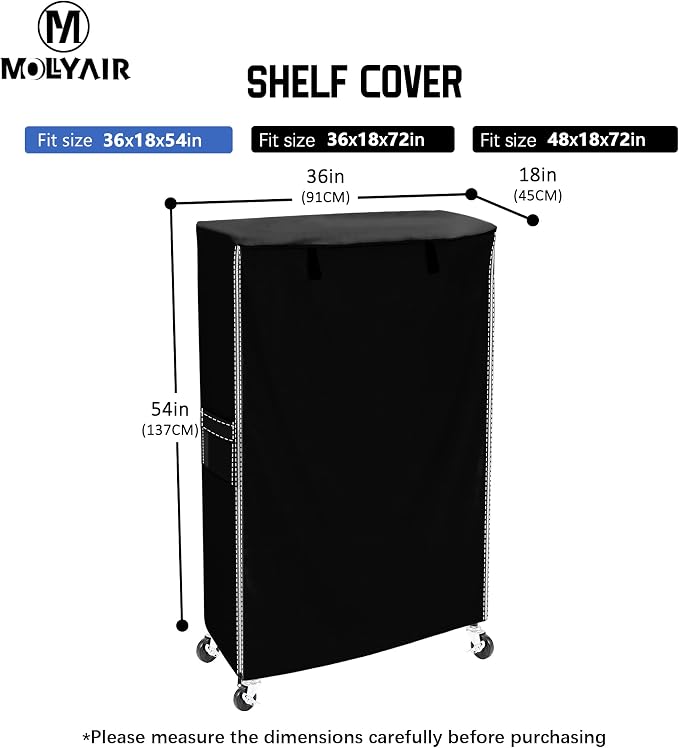 Wire Shelf Cover 36x18x54 Heavy Duty 600D Dustproof Storage Rack Cover | shelving cover side pockets for tools, inner Velcro fixation for stability, for a clean and organized storage