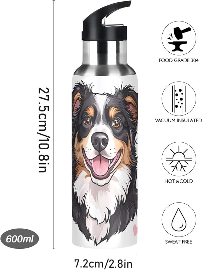 Bernese Dog Hearts Water Bottle with Straw Lid Kids Insulated Stainless Steel Water Flask Sports, 20 Oz Hot Cold