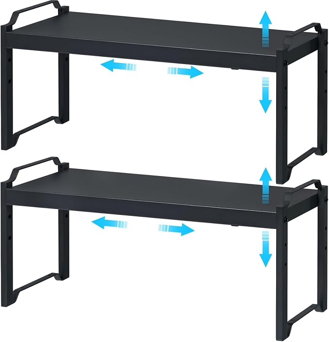 X-cosrack 25.5 Inches 2 Pack Expandable Cabinet Shelves, Stackable Shelf Organizer for Kitchen Cabinet Countertop Storage, Adjustable Counter Cupboard Pantry Organizer Shelf Rack Stand Riser, Black
