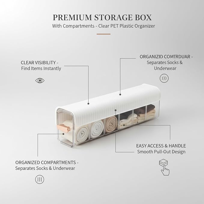 Stackable Storage Box with Dividers, Clear PET Plastic Organizer for Accessories & Essentials, Space-Saving Drawer Bin