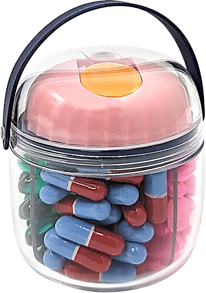 Mini Pill Dispenser Organizer Bottle, Daily Travel Medication Box with Secure Closure (Mini - Pink)