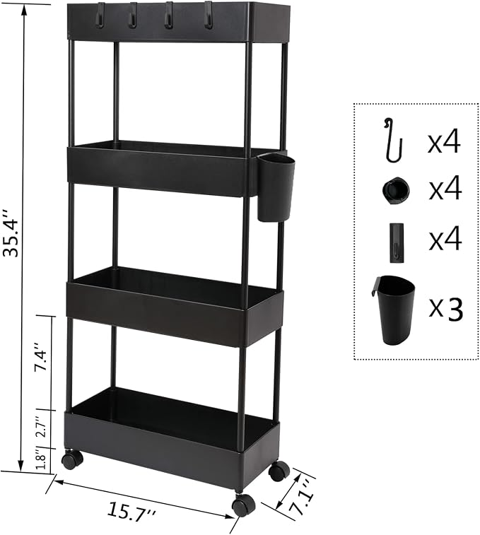 4 Tier Slim Rolling Utility Kitchen Cart Bathroom Organizer for Narrow Places Multipurpose Storage Shelve Mobile Trolley for Bedroom Laundry Office Restaurant Garage Pantry (Black)
