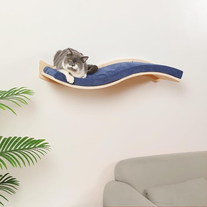 Cat Wall Shelves for Large Cats - Wall Mounted Furniture with Comfortable Cushion, Perfect Perch and Bed for Multi-Cat Households - 35 inch Wavy Shelf for Climbing, Playing, Resting, and Lounging
