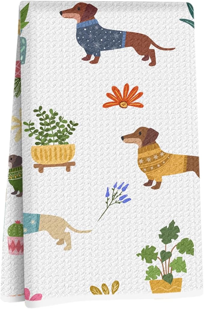 Hanamiya Na Dachshund Kitchen Towels 24x14 Inch, Dachshund Gifts Reusable Dish Towels for Kitchen Bathroom Decor, Waffle Weave Hand Cloth Tea Towel, Cute Weiner Dog Gifts for Women Friend