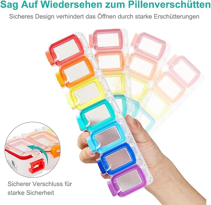 Fullicon Moisture Proof Pill Organizer 7 Day, Pill Box, Rainbow Clear | Each Compartment Holds Up to 40 Small or 15 Large Capsules, 10 Tablets, or 9 Fish Oils, Spill Proof, Color Coded, BPA Free