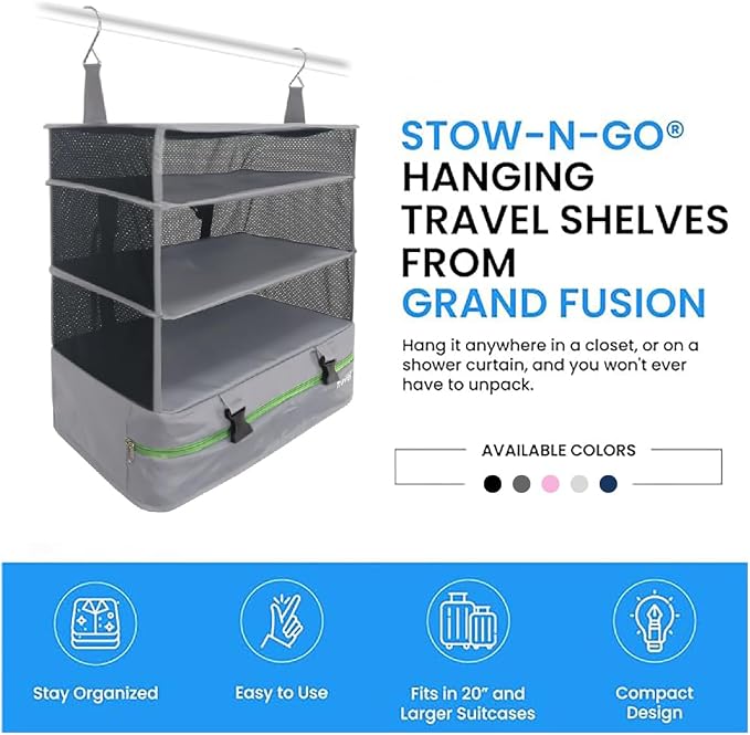 Stow-N-Go Hanging Travel Shelves, Packing Organizer for Luggage. Carry on Closet for Suitcase. Expandable Packing Cube. Travel Essentials. (Light Gray - XL, XL = (L) 17.7" x (W) 11.8")