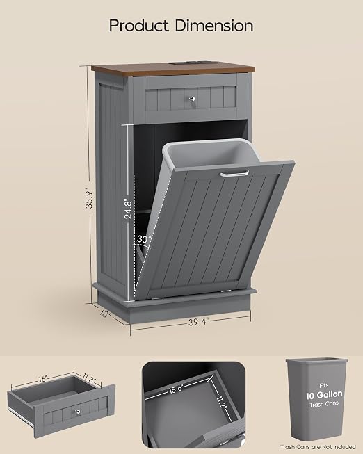 Betterhood Double Tilt Out Trash Cabinet with Power Outlet,Wooden Hidden Garbage Can Holder with a Big Storage Drawers for Kitchen, Living Room, Laundry, Grey
