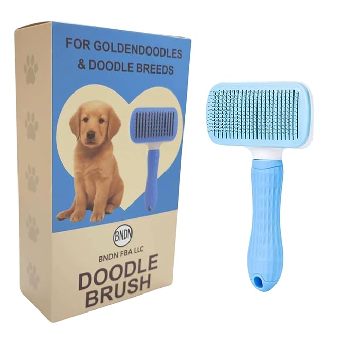 We Love Doodles Professional Slicker Brush for Goldendoodles and Long-Haired Dogs, Self-Cleaning Grooming Tool with Ergonomic Handle, Fine Wire Bristles, Blue (Pink)