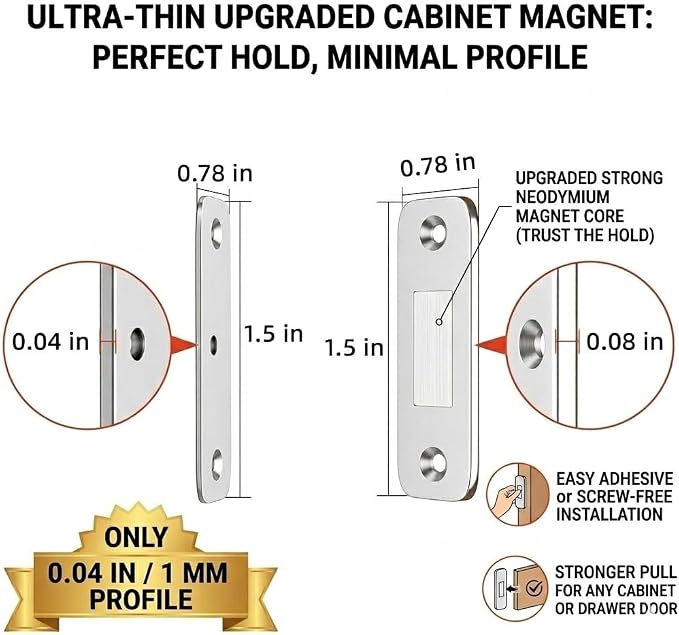 8-Pack Ultra-Thin Magnetic Cabinet Catch No-Drill Strong Adhesive Latch