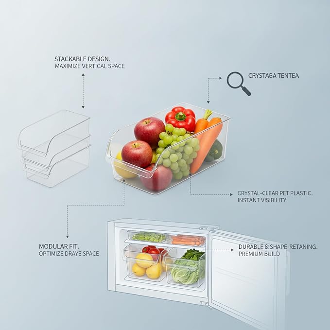 Clear PET Refrigerator Storage Bins - Stackable Produce Organizer for Fridge Drawers & Shelves, Durable Food Container (1 Pack)