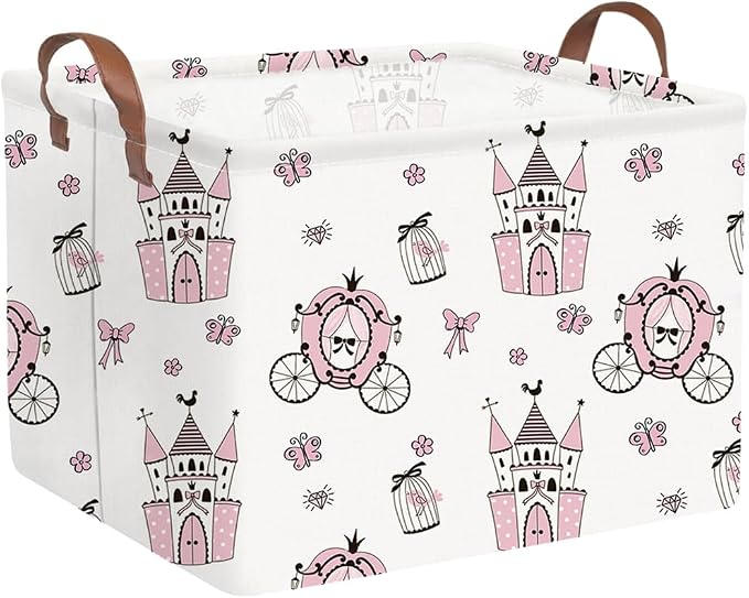 Rectangular castle Storage Basket,Kids Dirty Clothes Hamper,Waterproof canvas storage basket,Books Box,Girls Room decor(Pink Princess)