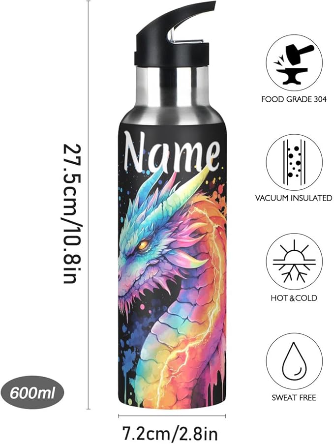 Custom Name Lightning Dragon Rainbow Water Bottle with Straw Lid Kids Insulated Stainless Steel Water Flask Sports, 20 Oz Hot Cold