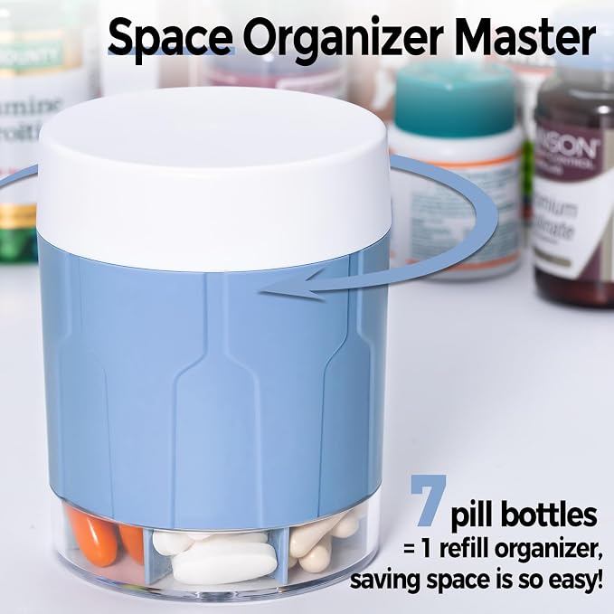 Weekly XXL Pill Organizer Bottle, Daily Pill Dispenser, Anti-Mix Design | 7 Day Portable Travel Pill Box, 21 Labels & Cleaning Brush, XXL Wide Mouth for Easy Access, Vitamin, Fish Oils, Supplement