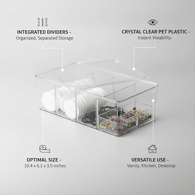 Durable PET Plastic Storage Bin with Lid and Dividers, Clear Organizer Box for Bathroom, Kitchen, and Office Desk, 10.4 x 6.1 x 3.5 Inches