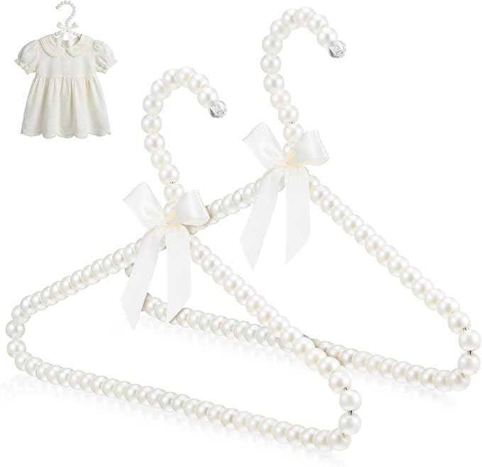 MAGICLULU 2 Pack Pearl Beaded Hangers for Kids, 11.8 x 7.5 Inch Plastic Baby Clothes Hangers with Bow, Non Slip Toddler Nursery Closet Organizer for Girl Dress, Dog Pet Apparel (White)