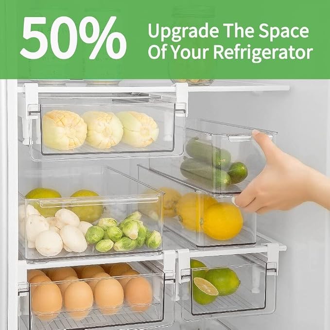 vacane Refrigerator Organizer Bins, Clear Plastic Fridge Drawer With Handle Pull Out Fridge Drawer Organizer Under Shelf Drawer For Cheese, Deli Meat, Drinks, Fruit, Vegetable, Heavy Duty-M