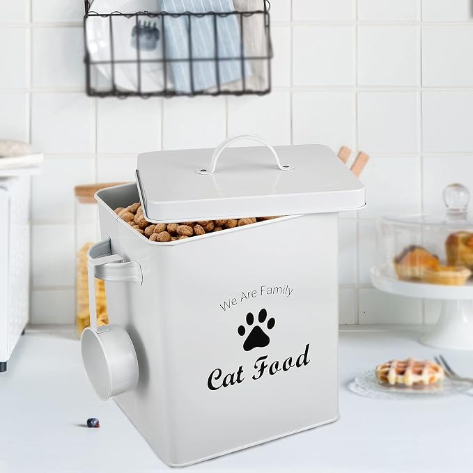 Geyecete Pet Treat and Food Storage Tin with Lid - 5lbs Capacity - Serving Scoop Included … -CAT