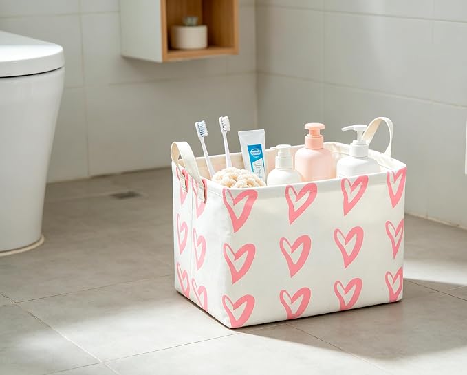 CLOCOR Rectangular Pink Heart Basket Empty, Storage Bin, Waterproof Book Box, Gift Basket(Pink Heart)