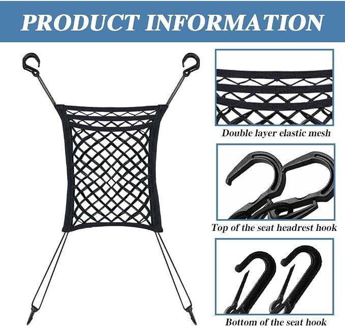 3-Layer Car Mesh Organizer, Seat Back Net Bag, Barrier of Backseat Pet Kids, Cargo Tissue Purse Holder, Driver Storage Netting Pouch