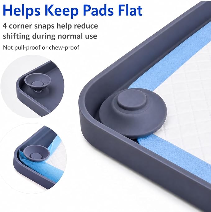 Silicone Dog Pee Pad Holder, 24×24 in, for Small Dogs Under 10 lb, 2-in-1 Flat/Wall-Mount Design, Non-Slip Anti-Splash with Corner Snap Locks, Deep Gray