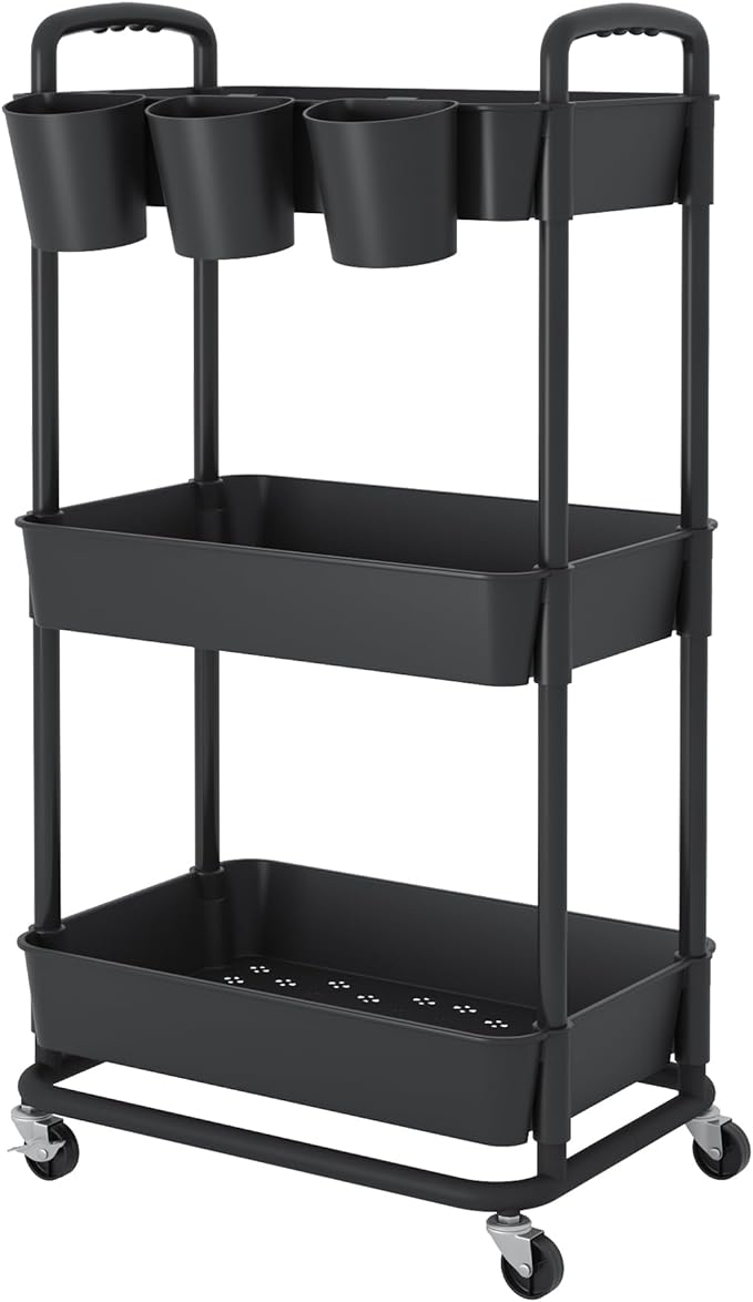 3-Tier Plastic Rolling Storage Cart Utility Cart Black | Utility Cart with Extra Hanging Cups Arc-Shaped Handles Lockable Wheels for Living Room Bathroom Kitchen Office