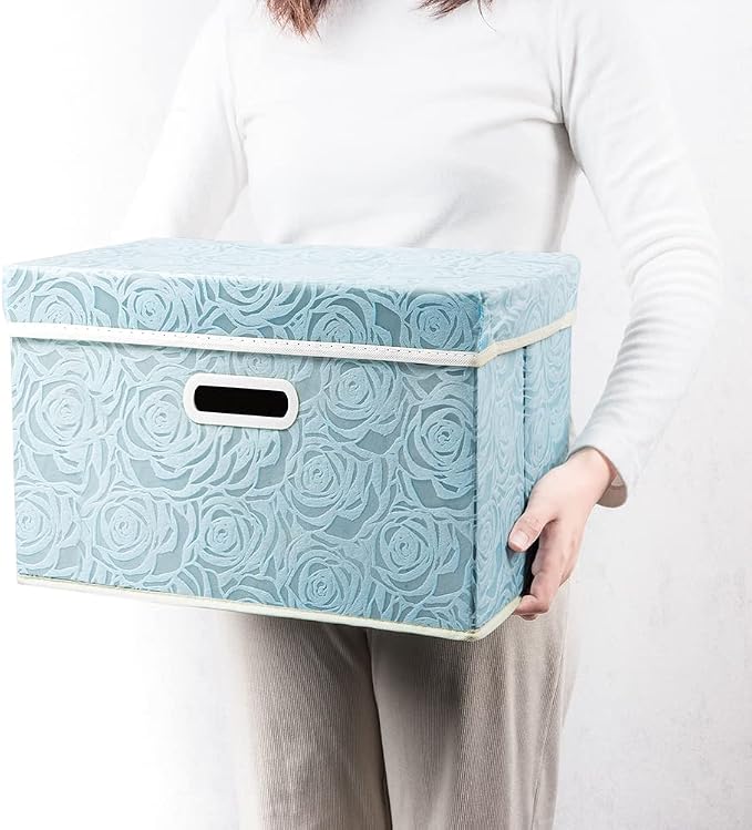 Stackable Storage Cubes with Lids [5-Pack] Fabric Decorative Storage Box Bins Organizer Containers Baskets with Cover Handles Divider for Bedroom Closet Living Room Blue 14.9x9.8x9.8 Inch