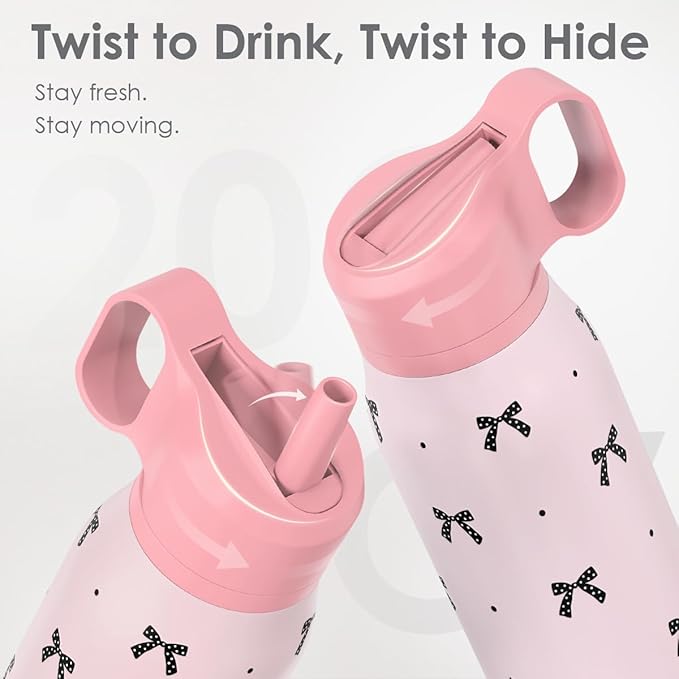 Bow Stainless Steel Water Bottle with Twist Lid 20oz, Travel Insulated Water Bottles for Sports & Gym, Gift for Women Girls Friends Birthday Christmas