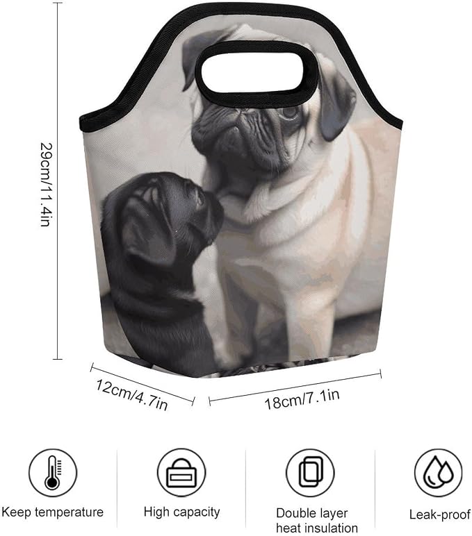 Cute Pet Pug Lunch Bag Cooler Bag Tote Bags | Reusable Portable Lunch Box for Women/Men Lightweight Soft Cooler Bags Organizer for Adults Work Travel Outdoor